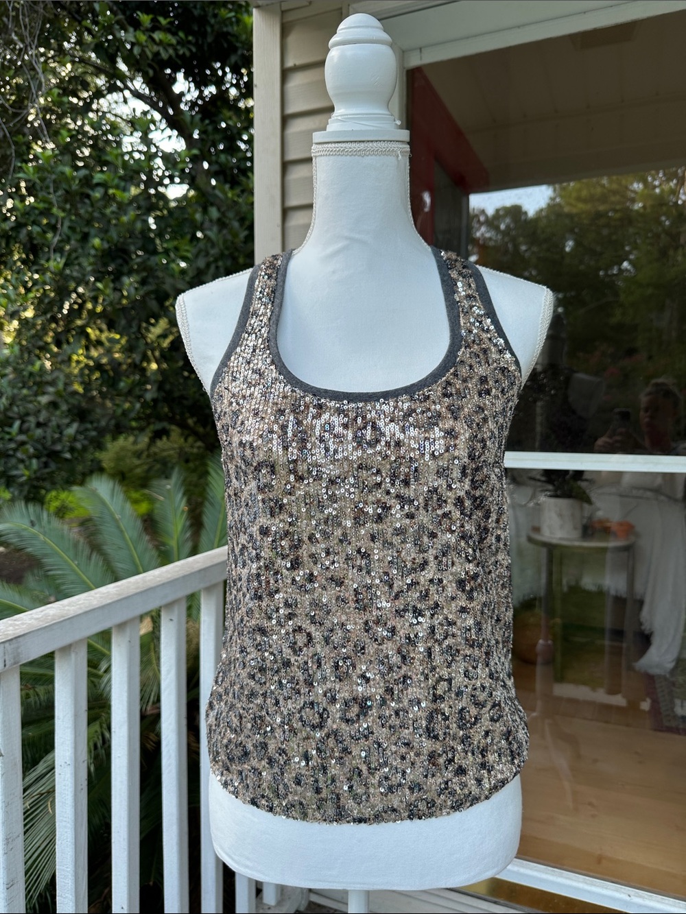 Sequin Leopard Print Tank Top in Metallic Beige and Black